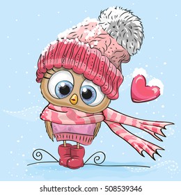 Cute Cartoon Owl in a hat and scarf