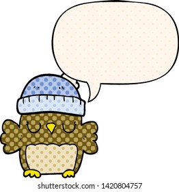 cute cartoon owl in hat with speech bubble in comic book style