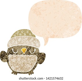 cute cartoon owl in hat with speech bubble in grunge distressed retro textured style