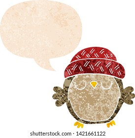 cute cartoon owl in hat with speech bubble in grunge distressed retro textured style