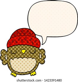 cute cartoon owl in hat with speech bubble in comic book style