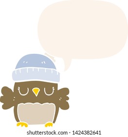 cute cartoon owl in hat with speech bubble in retro style