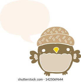 cute cartoon owl in hat with speech bubble in retro style