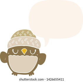 cute cartoon owl in hat with speech bubble in retro style