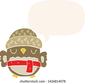 cute cartoon owl in hat with speech bubble in retro style
