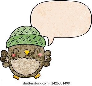 cute cartoon owl in hat with speech bubble in retro texture style