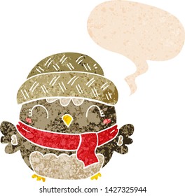 lindo búho de caricatura en sombrero con burbuja de habla en un estilo retro angustiado estilo retro texturado