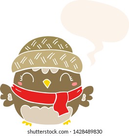 cute cartoon owl in hat with speech bubble in retro style