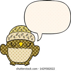 cute cartoon owl in hat with speech bubble in comic book style