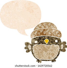 cute cartoon owl in hat with speech bubble in grunge distressed retro textured style