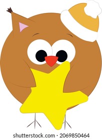 Cute cartoon Owl with hat and star. Draw illustration in color