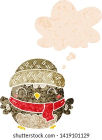 cute cartoon owl in hat with thought bubble in grunge distressed retro textured style