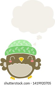 cute cartoon owl in hat with thought bubble in retro style