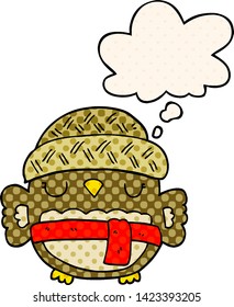 cute cartoon owl in hat with thought bubble in comic book style