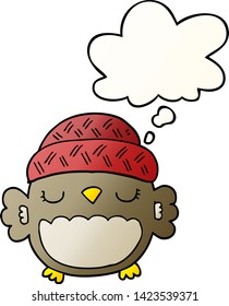 cute cartoon owl in hat with thought bubble in smooth gradient style