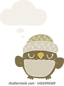 cute cartoon owl in hat with thought bubble in retro style