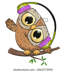 Cute cartoon Owl with headphones on the branch