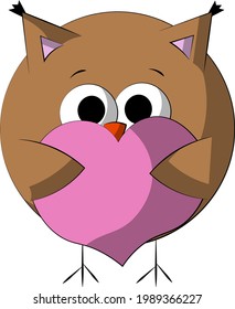 Cute cartoon Owl with Heart. Draw illustration in color