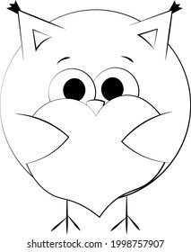 Cute cartoon Owl with Heart. Draw illustration in black and white