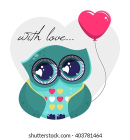Cute cartoon owl with heart shape bubble 