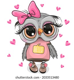 Cute Cartoon Owl with hearts and pink bow on a white background