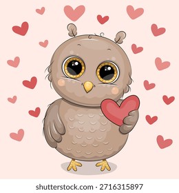 Búho lindo de la historieta con corazones. Ilustración vectorial de animal sobre fondo rojo claro con corazones.