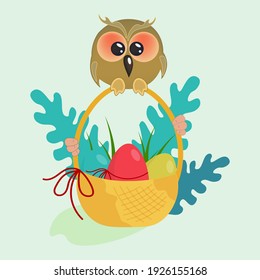 Cute cartoon owl holding a basket with Easter eggs and decorative leaves. A wise talisman with big kind eyes. Vector illustration for postcards, congratulations, labels ...