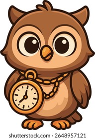 A cute cartoon owl holding a golden pocket watch. Adorable and wise animal character illustration, perfect for kids’ content, time-themed designs, or educational graphics.