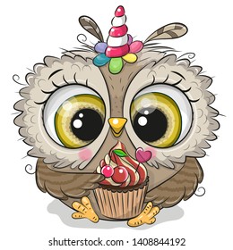 Cute Cartoon Owl with the horn of a unicorn and a cupcake