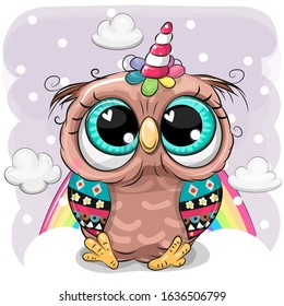 Cute Cartoon Owl with the horn of a unicorn on clouds