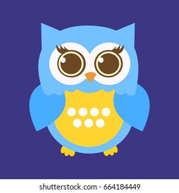 A cute cartoon owl isolated on a dark blue background. A blue-yellow owl. Vector illustration. 