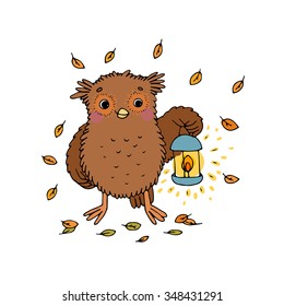 Cute cartoon Owl with a lantern.Autumn.
