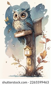 Cute Cartoon Owl with leaves is sitting on a mail box. watercolor  vector illustration