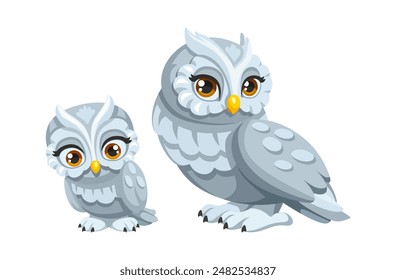 Cute cartoon owl with a little owlet. Vector couple mom and baby on a white background.