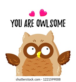Cute cartoon owl in love. Template for postcard, web design, print. Vector doodle illustration. Valentine's Day