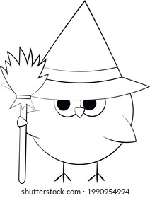 Cute cartoon Owl magician with broom. Draw illustration in black and white