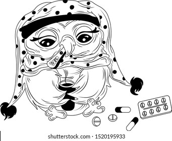 Cute cartoon owl in a nightdress with a thermometer and pills. Cold owlet. Hand drawn illustration for print greeting card. Child character. Sleepy funny owlet. Owl decorated in black and white color