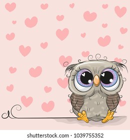 Cute Cartoon Owl on a background of hearts