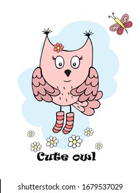 Cute cartoon owl on a blue background with flowers.. Vector illustration in flat style for children's design.