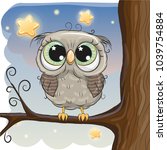 Cute Cartoon Owl on a brunch of tree