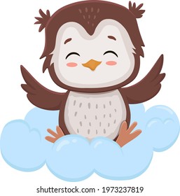 Cute cartoon owl on cloud isolated on white background.Vector illustration