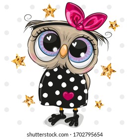 Cute Cartoon Owl on a dots background