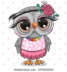 Cute Cartoon Owl on a dots background