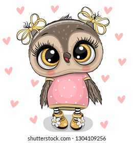 Cute Cartoon Owl on a hearts background