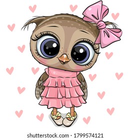 Cute Cartoon Owl on a hearts background