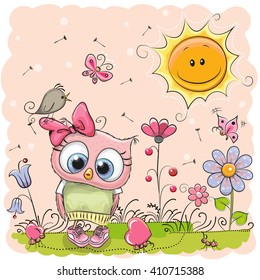 Cute Cartoon Owl on the meadow with flowers