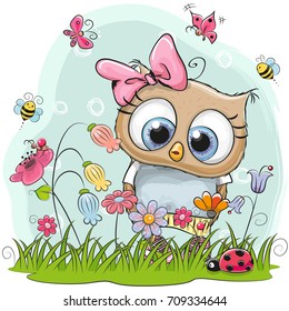 Cute Cartoon Owl on a meadow with flowers and butterflies