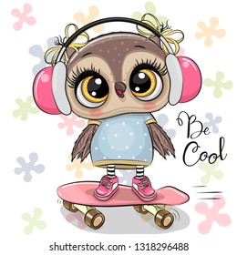 Cute cartoon owl on a skateboard with headphones