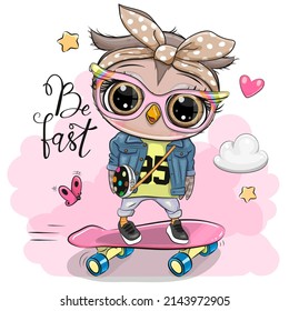 Cute cartoon owl on a skateboard on a pink background