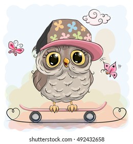 Cute Cartoon Owl on a skateboard and butterflies